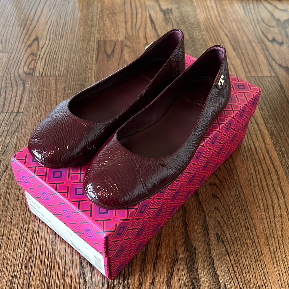 Tory Burch Travel crinkle ballet flats, lightly used, oxblood (dark red) color